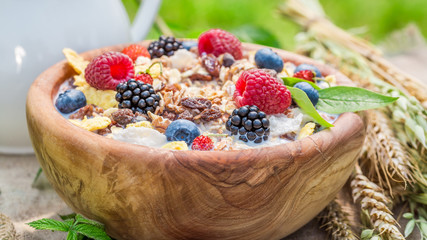 Fresh granola with milk and berry fruits in garden