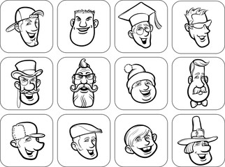 diverse men faces outline vector illustration
