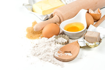 Food background. Baking ingredients eggs, flour, recipe