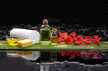 Red orchid and candle, oil, towel with row of plant stem 