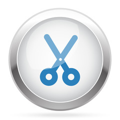 Blue Scissors icon on white glossy chrome app button