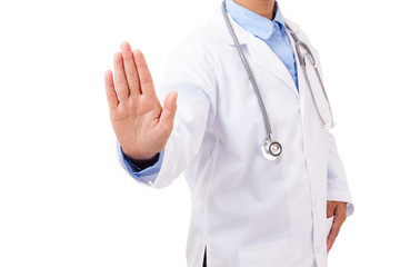 Hand of doctor showing warning sign on white background.