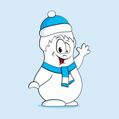 Fun snowman in a blue hat and scarf. Vector illustration