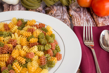 pasta meal on a wood background.