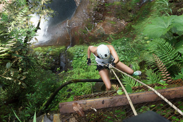 High angle view of a female climber climbing on rock in a forest, Costa Rica