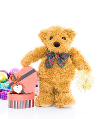Teddy bear with .Red heart shaped gift box