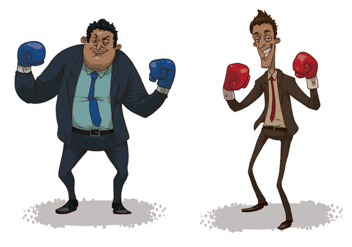 Vector cartoon image of two business fighters: one in a blue suit, blue boxing gloves, the other in a brown suit, red boxing gloves on a light background.