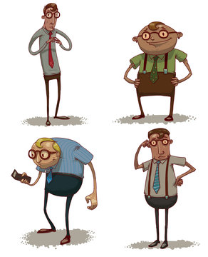 Vector Office accountants set. Cartoon image of four funny men office accountants in different clothes, different accessories and different attributes on a light background.