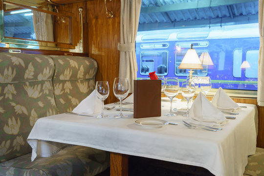 Dining table in first class train car, Machu Picchu, Cusco Region, Urubamba Province, Machupicchu District, Peru