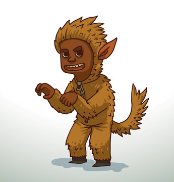 Vector cartoon image of a funny boy in a light brown shaggy werewolf costume on a light background.