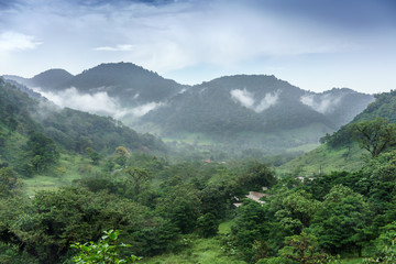 Scenic view of mountains in foggy weather, Costa Rica