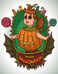 Vector card with green oval frame with a red banner with black bat wings, black spider and different colored candies with cartoon image of a funny girl in Pumpkin costume on a light background.