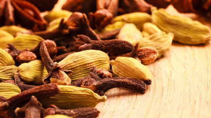 Spices cardamom anise stars and cloves