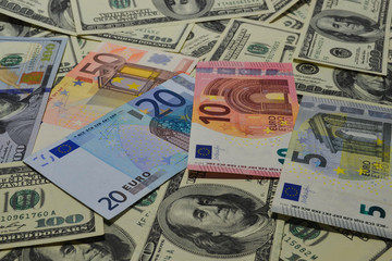 Much money. Many banknotes. Dollar, euro