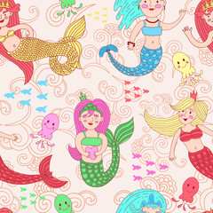 Obraz premium vector seamless pattern with cute colorful mermaids.