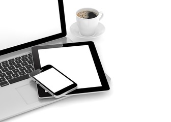 Laptop, phone, tablet pc and coffee.