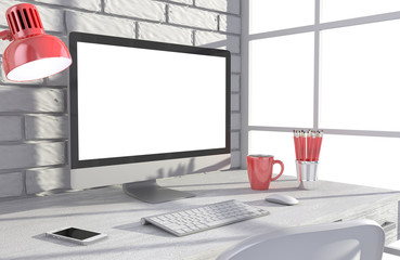 Fototapeta premium 3D illustration PC screen on table in office, Workspace