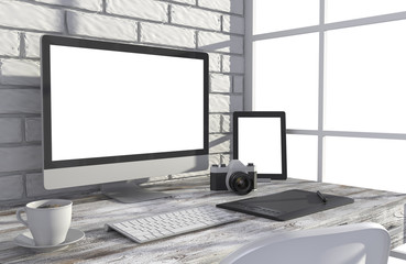 Fototapeta premium 3D illustration PC screen on table in office, Workspace