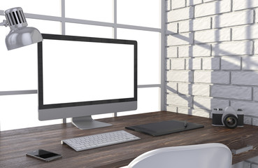 3D illustration PC screen on table in office, Workspace