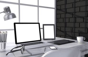 3D illustration laptop and work stuff on table near brick wall, Workspace