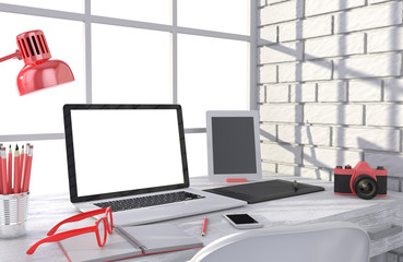 3D illustration laptop and work stuff on table near brick wall, Workspace