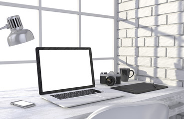 3D illustration laptop and work stuff on table near brick wall, Workspace