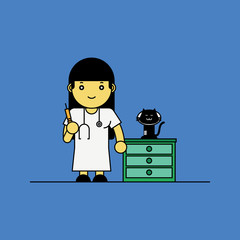 Veterinarian holding syringe standing with cat, Carton vector illustration.