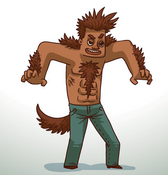 Vector cartoon image of a handsome man with brown hair on the head, arms, chest, shoulders, wearing blue jeans with a brown tail on a light background.