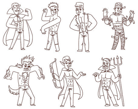 Vector Men in Halloween costumes set, line art. Line cartoon image of seven different men in various costumes for Halloween on a white background.  In the theme of Halloween.