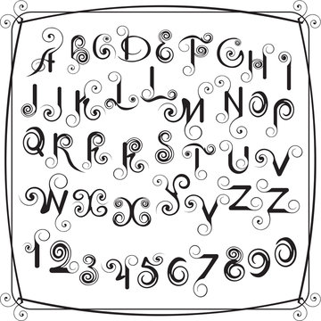 Декоративные латинские буквы и цифры из завитков