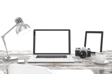 Fototapeta premium 3D illustration laptop and work stuff on table near brick wall, Workspace