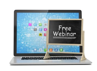 Laptop with chalkboard, free webinar, online education concept