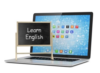  Laptop with chalkboard, learn english, online education concept