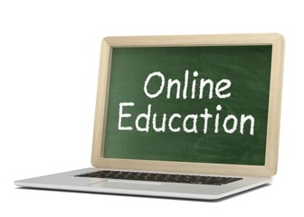  Laptop with chalkboard, online education concept