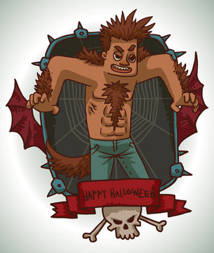 Vector card with a black rectangular frame with iron spikes, web, red bat wings, a red banner and a white skull and crossbones, with cartoon image of a man in Werewolf costume on a light background.