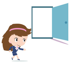 Happy business woman running in open door