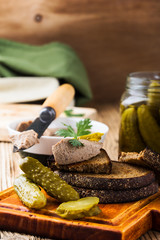 Homemade chicken liver pate  on rustic wooden table
