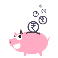 Piggy bank money happy, currency Rupee symbol coin falling for saving concept in vector