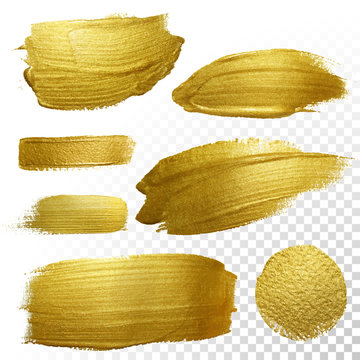 Vector gold paint smear stroke stain set.