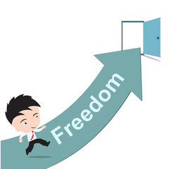 businessman happy to running on green arrow and open door with word Freedom, road to success concept, presented in vector form