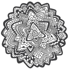 Vector Ethnic retro floral doodle round black and white pattern consisting of a triangles on a white background.
