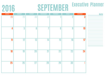 Executive Planning calendar new year on white background, September 2016, Week start Sunday, vector illustration