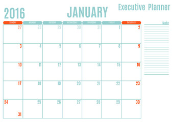 Executive Planning calendar new year on white background, January 2016, Week start Sunday, vector illustration