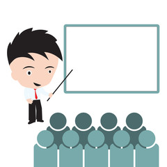 Businessman with peoples and whiteboard in meeting for brainstorm concept on white background