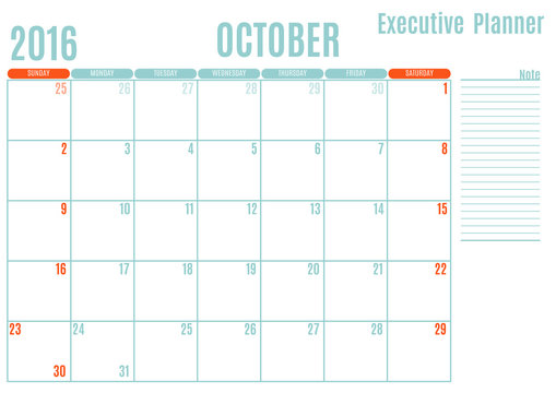 Executive Planning calendar new year on white background, October 2016, Week start Sunday, vector illustration