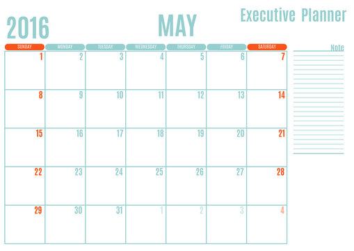 Executive Planning calendar new year on white background, May 2016, Week start Sunday, vector illustration