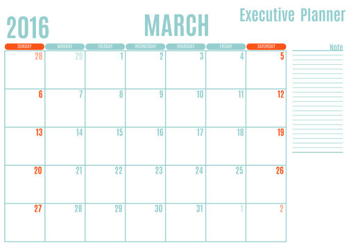 Executive Planning calendar new year on white background, March 2016, Week start Sunday, vector illustration