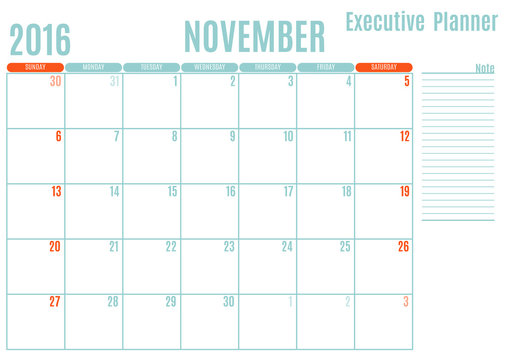 Executive Planning calendar new year on white background, November 2016, Week start Sunday, vector illustration