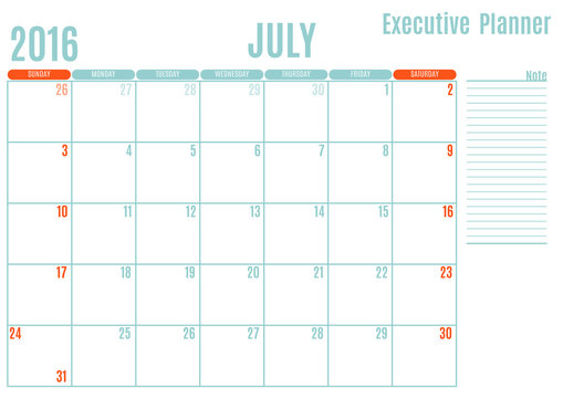 Executive Planning calendar new year on white background, July 2016, Week start Sunday, vector illustration
