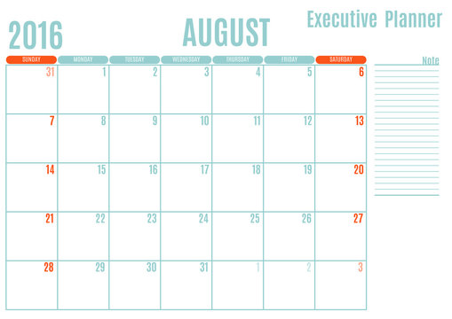 Executive Planning calendar new year on white background, August 2016, Week start Sunday, vector illustration